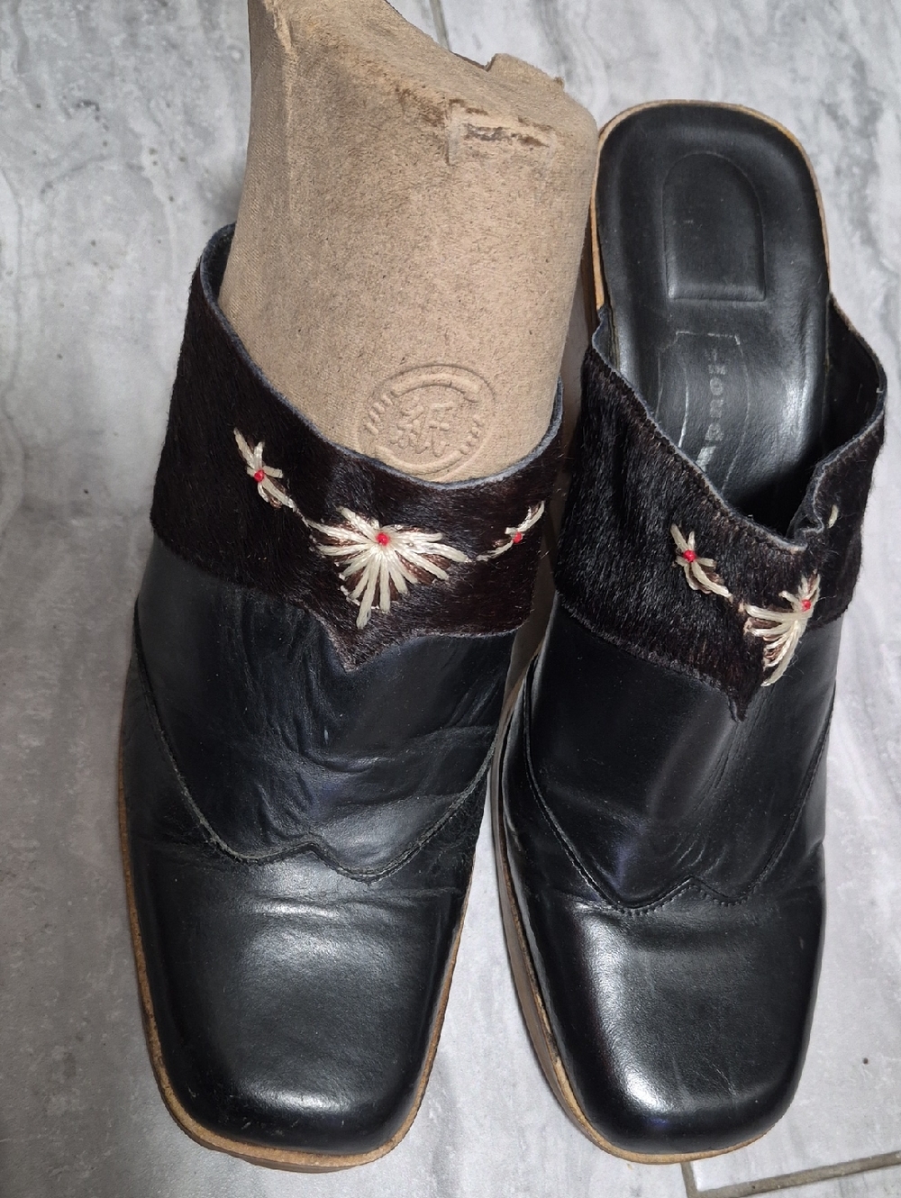 Cloudwalkers Planet Black Leather Mules Western Wooden-Heel Slip-On SZ 9M - Picture 6 of 16